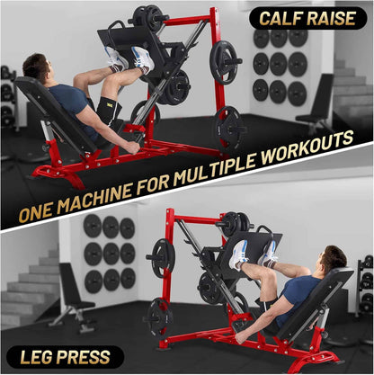Gym machine used for calf raises and leg presses with text indicating multiple workouts.