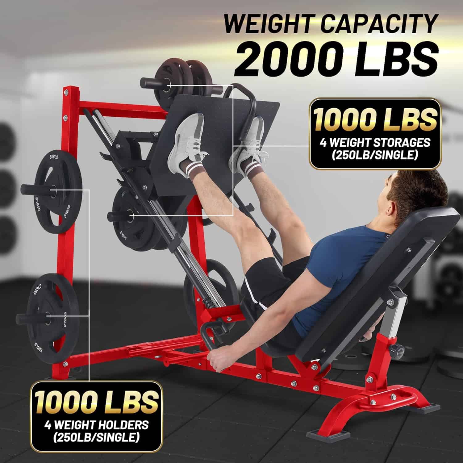 Person using a leg press machine with weight capacity and storage information displayed.
