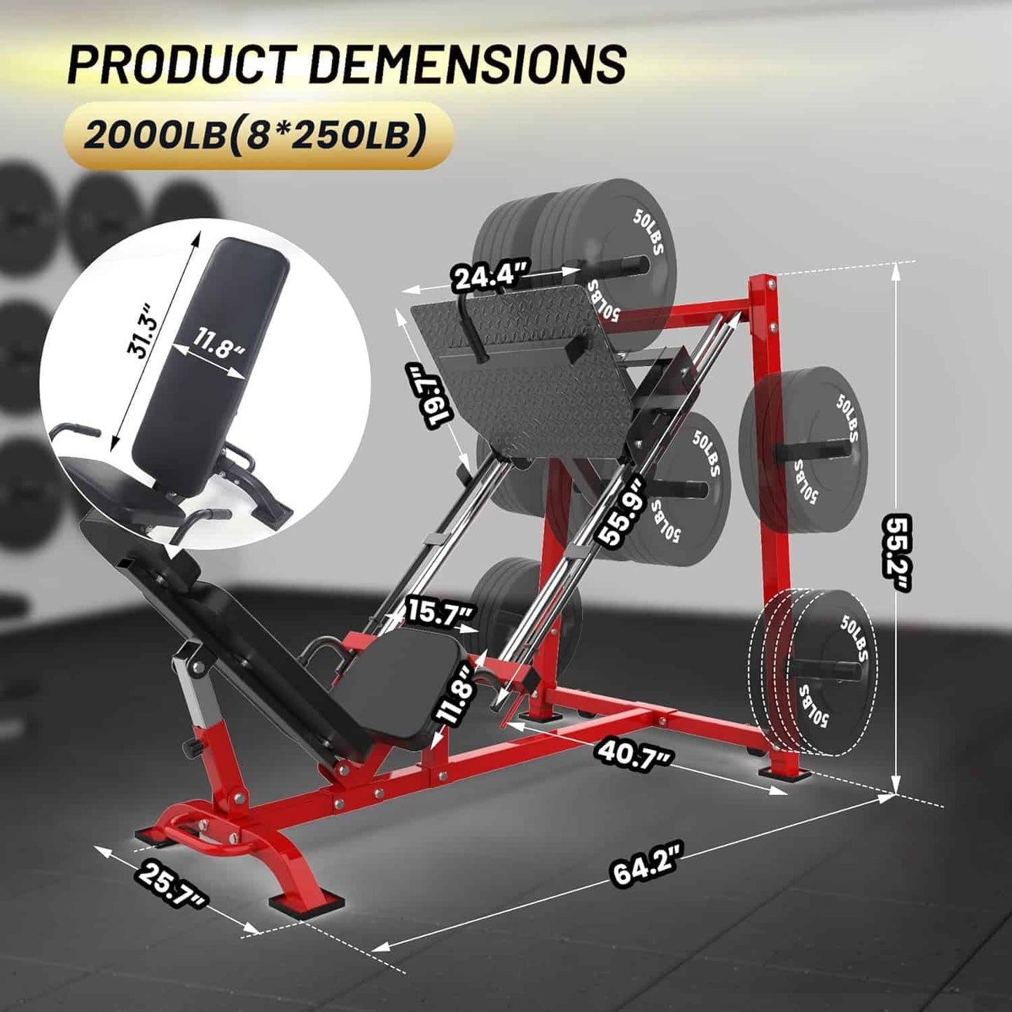 Gym leg press machine with dimensions labeled on a gray background