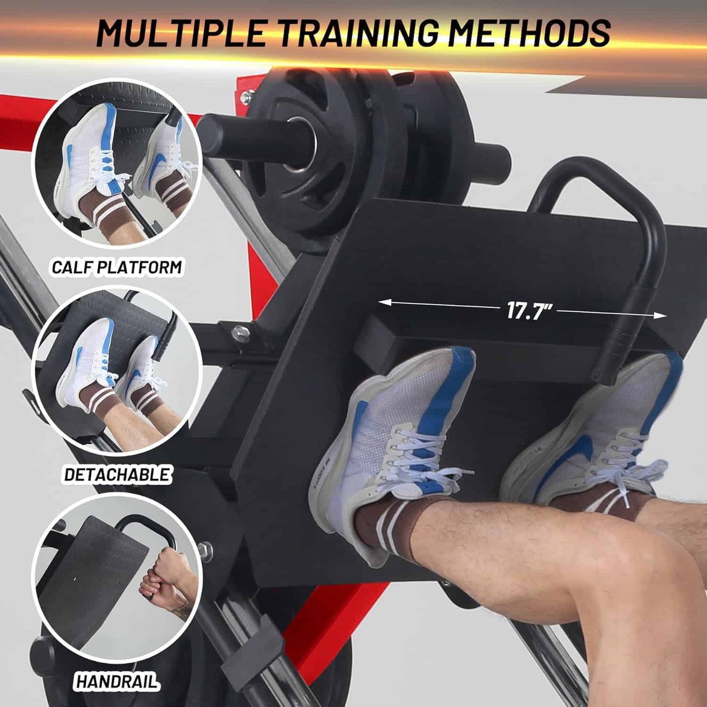 Leg exercise machine with features highlighted, including a calf platform, detachable handrail, and measurement of 17.7 inches.
