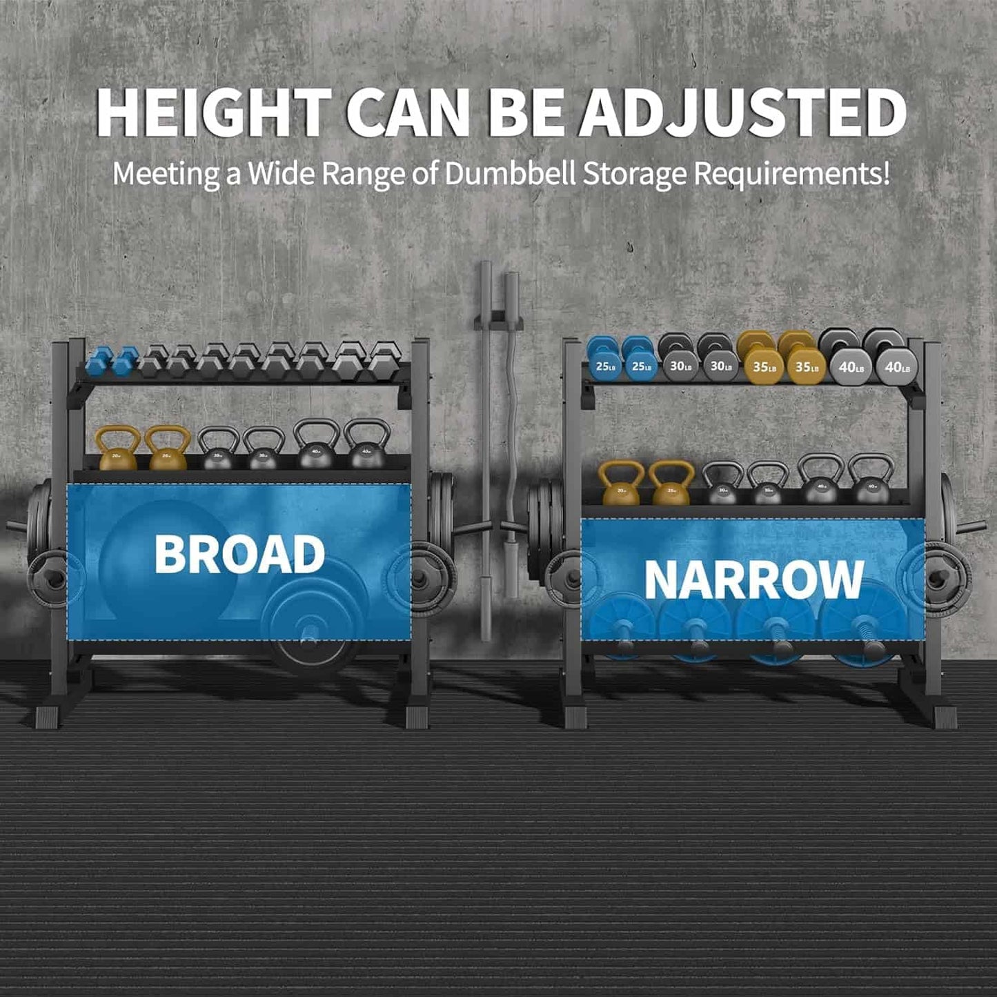 Two adjustable dumbbell racks labeled 'Broad' and 'Narrow' with weights on a concrete background.