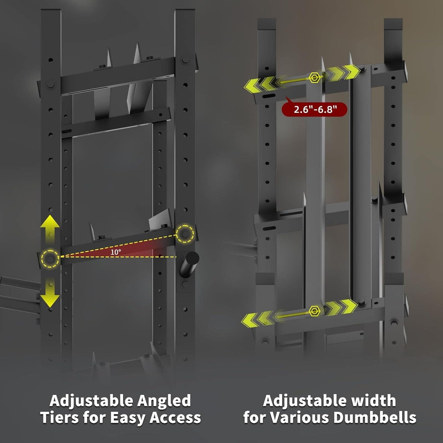 Squat rack with adjustable angled tiers and width for dumbbells on a dark background