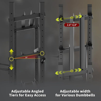 Squat rack with adjustable angled tiers and width for dumbbells on a dark background