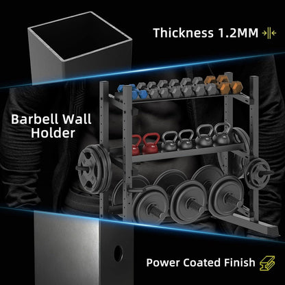 Barbell wall holder with weight plates and dumbbells, highlighting thickness and power-coated finish.