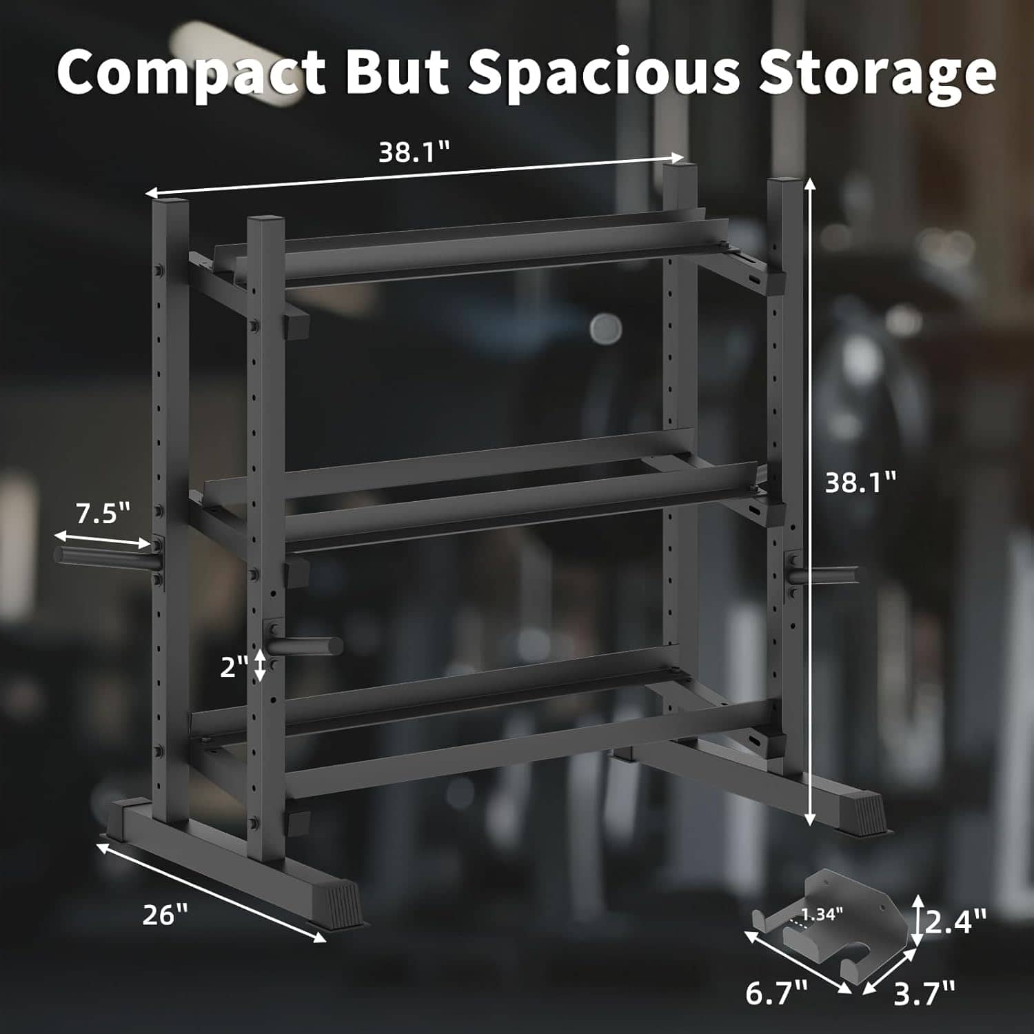 Storage rack with dimensions labeled on a blurred background