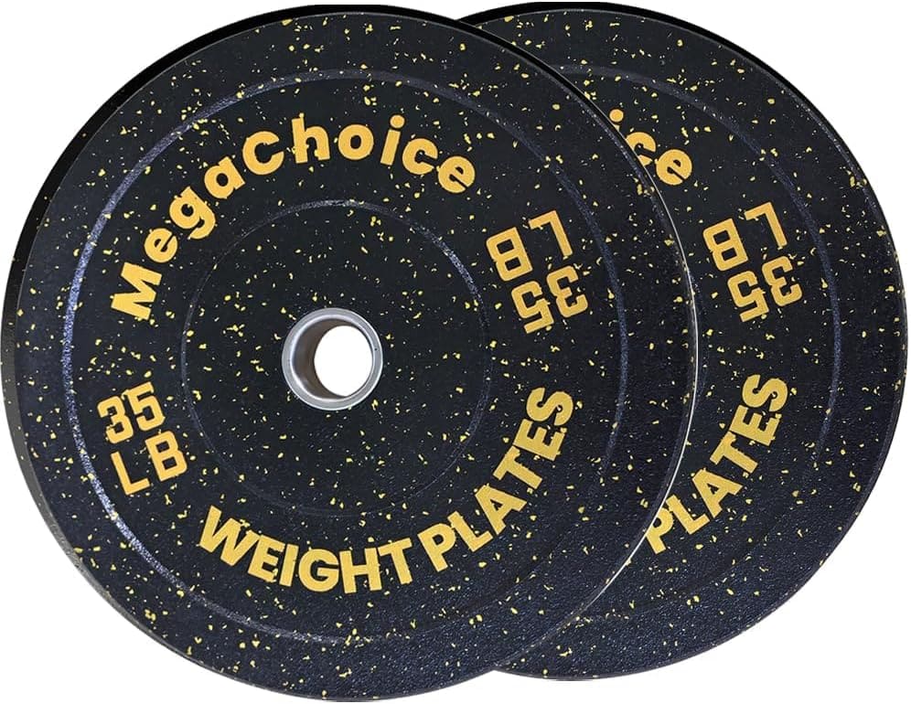 Two black weight plates with yellow text on a white background