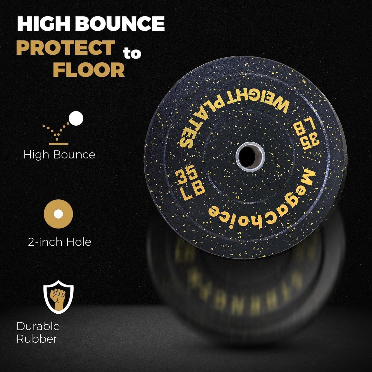Black weight plate with yellow text on a black background, featuring text about high bounce, floor protection, and durable rubber.