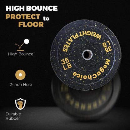 Black weight plate with yellow text on a black background, featuring text about high bounce, floor protection, and durable rubber.