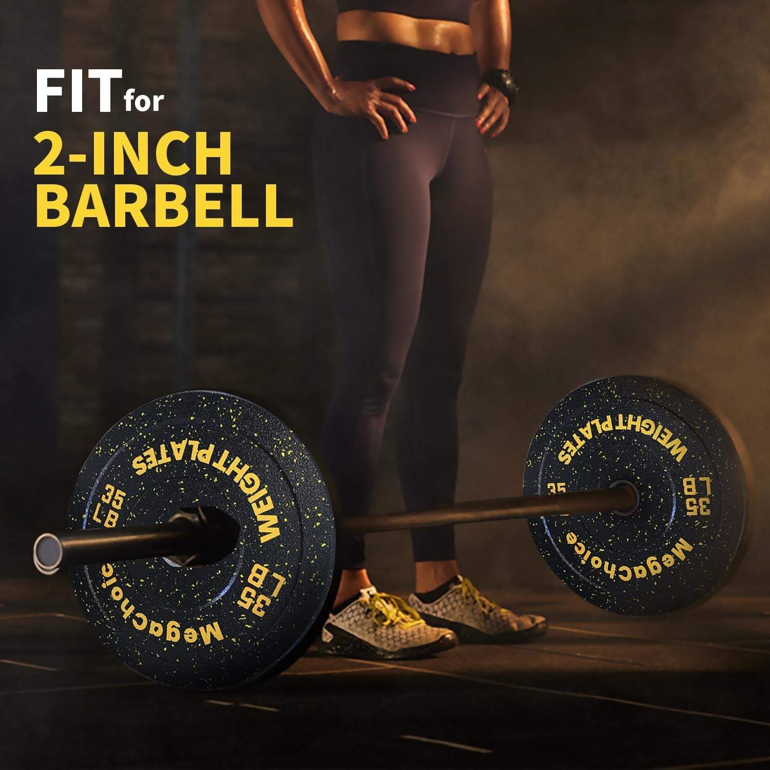 Person holding a barbell with weight plates, text 'FIT for 2-INCH BARBELL' above.