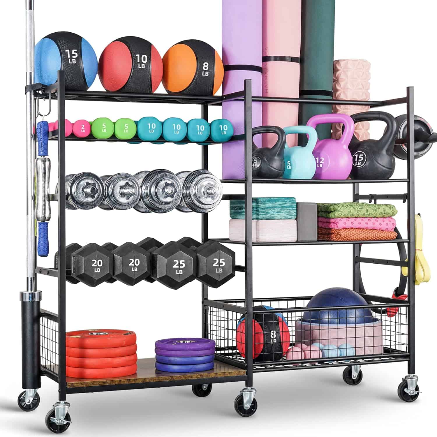 PLKOW All-in-One Home Gym Storage Rack – Dumbbell & Barbell Organizer with Hooks, Wheels, Yoga Mat Holder (550 lb Capacity)