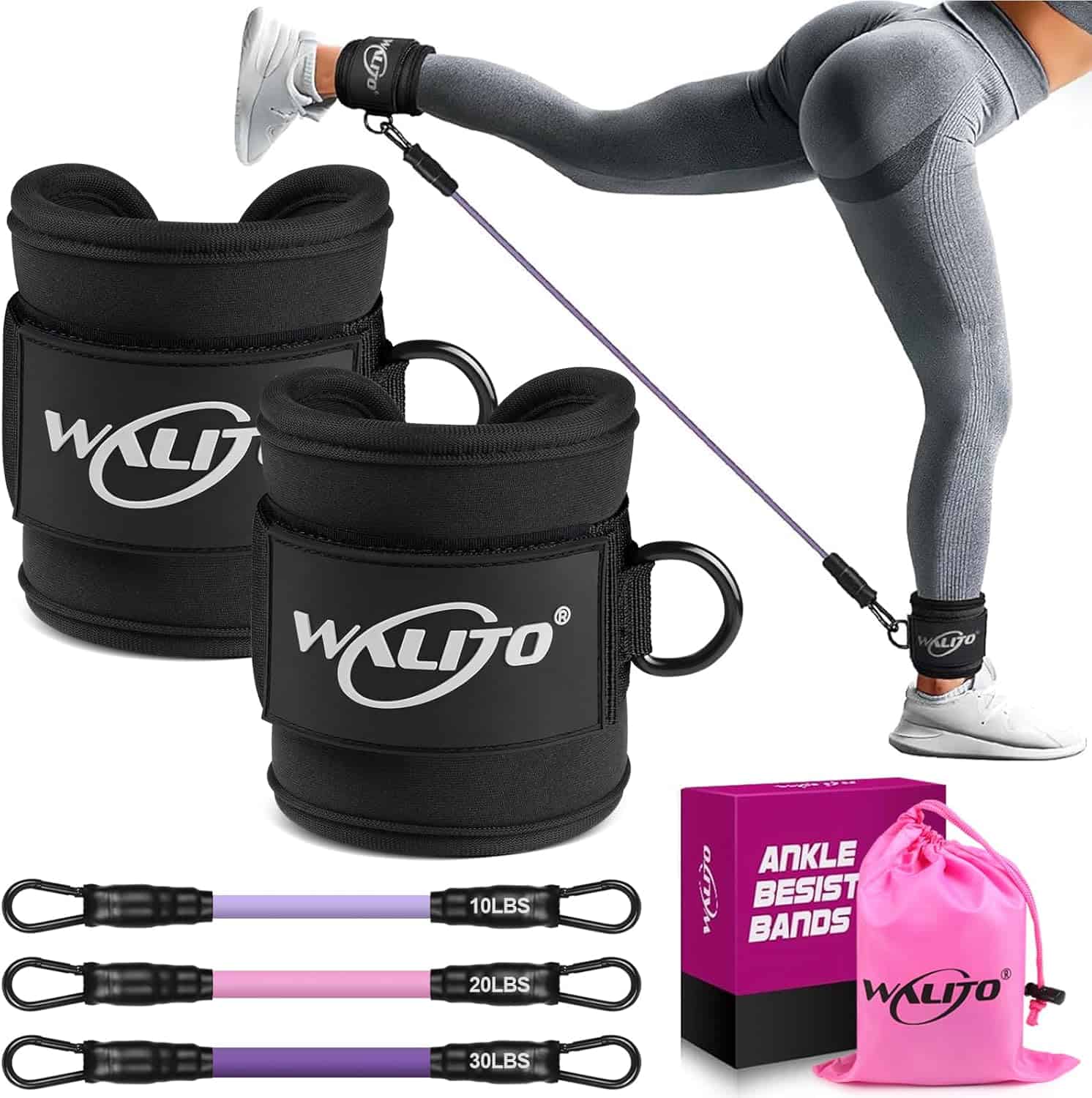 WALITO Ankle Resistance Bands with Cuffs – Glute & Leg Workout Set for Women (10–60 lbs) WALITO