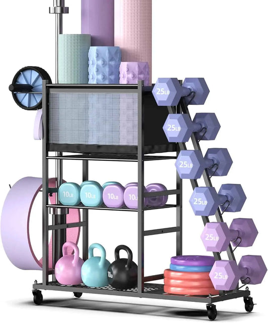PLKOW All-in-One Home Gym Storage Rack – Dumbbell & Barbell Organizer with Hooks, Wheels, Yoga Mat Holder (550 lb Capacity)