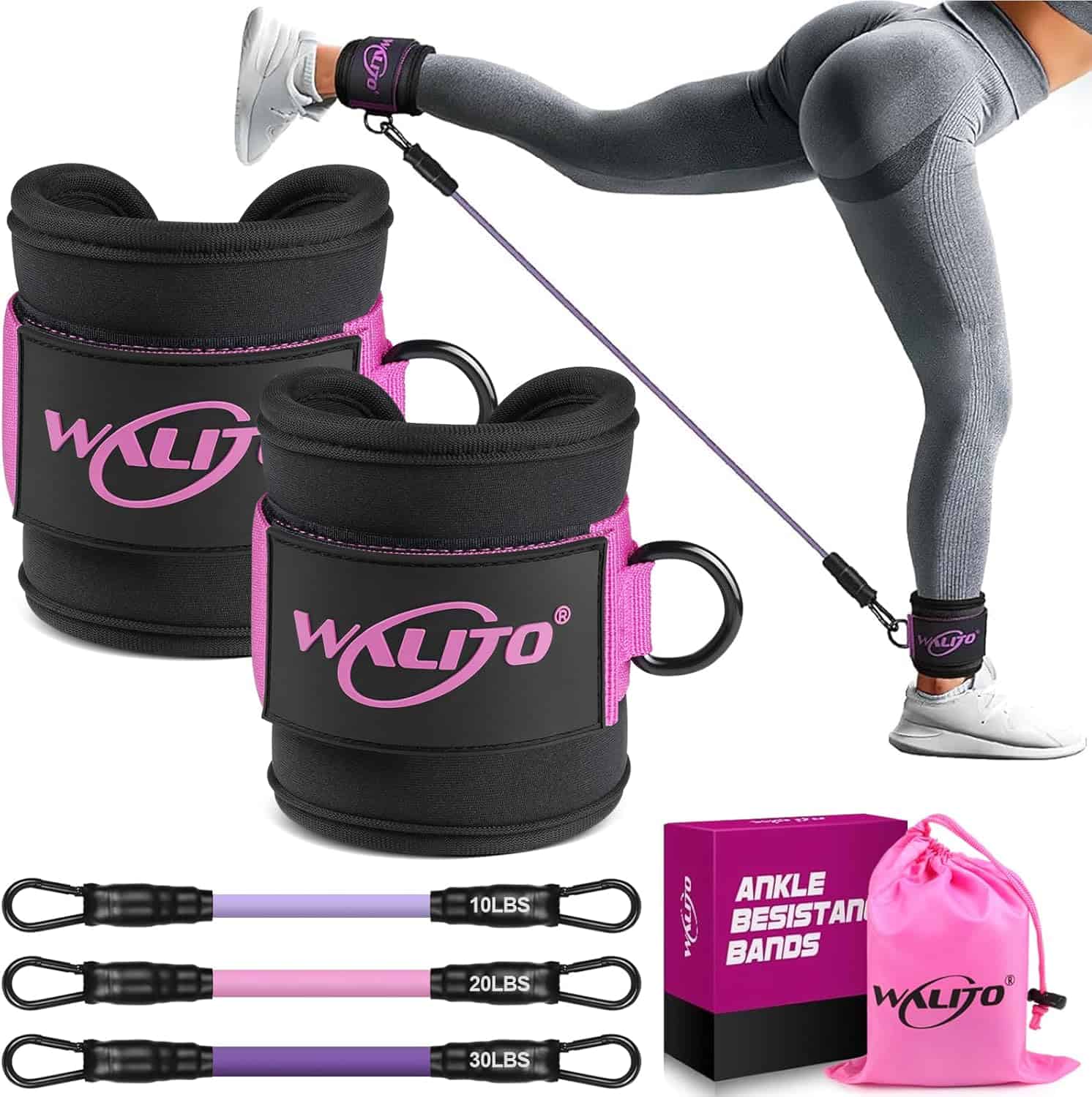 WALITO Ankle Resistance Bands with Cuffs – Glute & Leg Workout Set for Women (10–60 lbs) WALITO