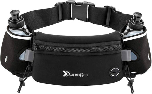 Number-One Running Belt with 2 Water Bottles – Waterproof Hydration Waist Pack with Adjustable Fit for Running, Hiking, Cycling, Marathon (iPhone-Compatible) Number-one