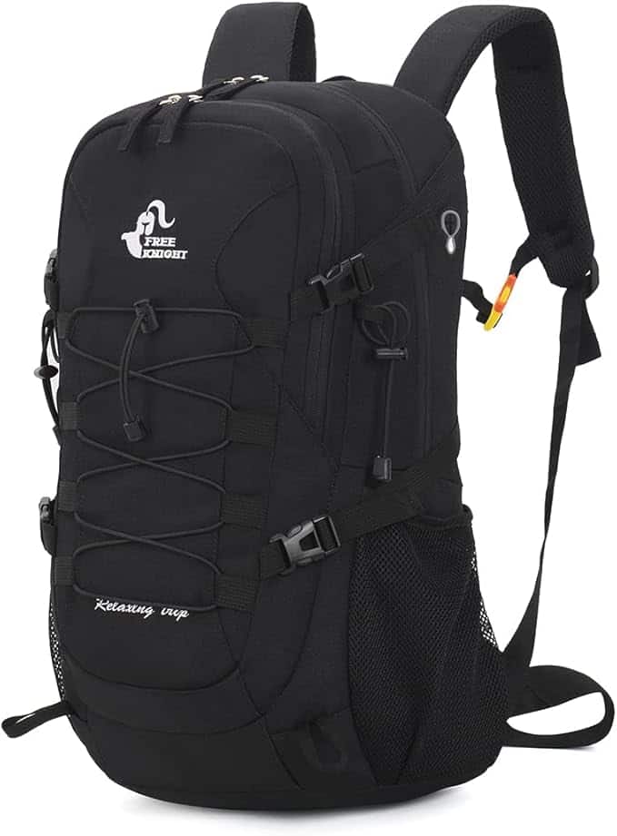 Black backpack with visible branding on a white background