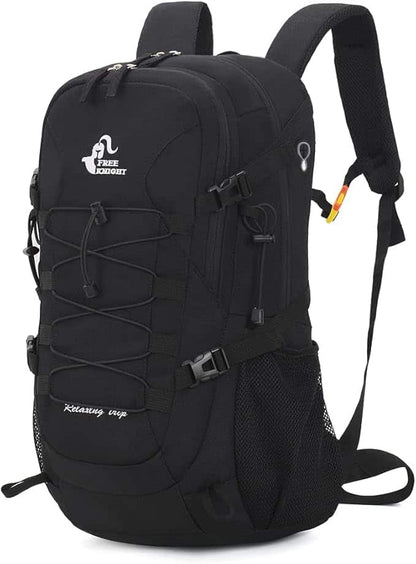 Black backpack with visible branding on a white background