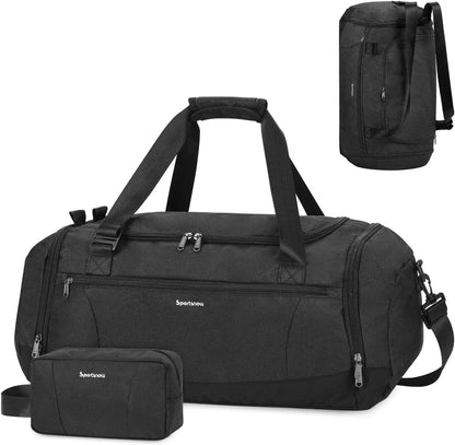 Black duffel bag with backpack and small pouch on a white background