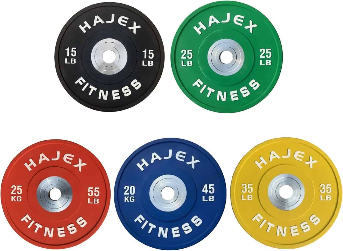 Set of five Hajex Fitness weight plates in black, green, red, blue, and yellow on a white background.