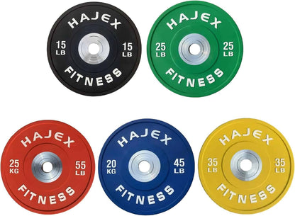 Set of five Hajex Fitness weight plates in black, green, red, blue, and yellow on a white background.