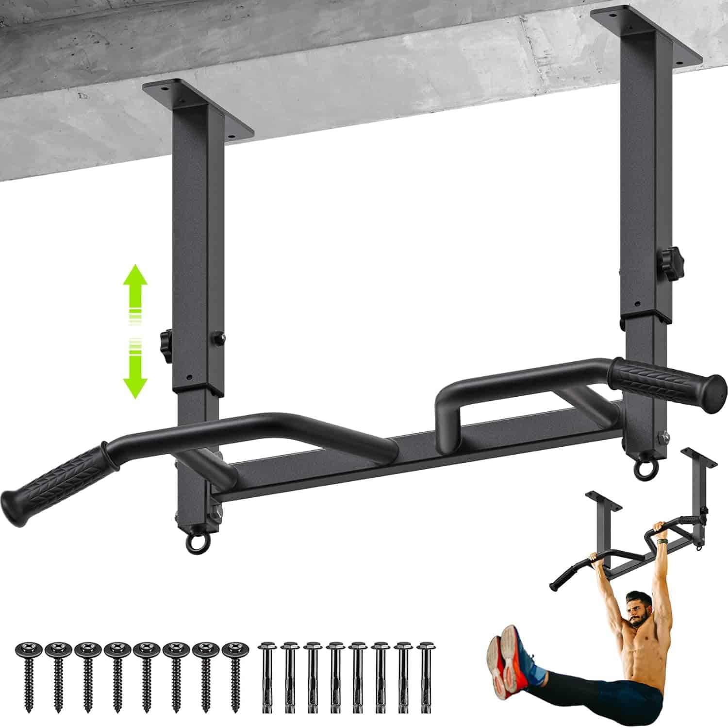 Black pull-up bar with mounting hardware attached to a concrete surface, with screws displayed below.