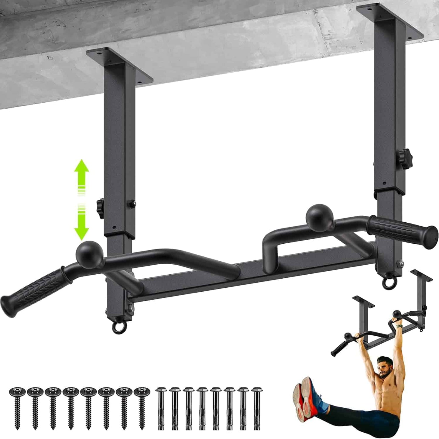 Pull-up bar attached to a ceiling with hardware components on a white background