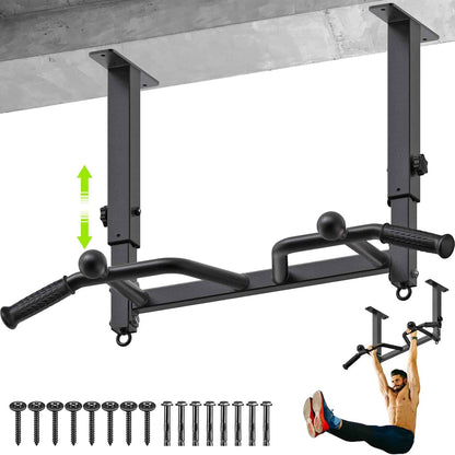 Pull-up bar attached to a ceiling with hardware components on a white background