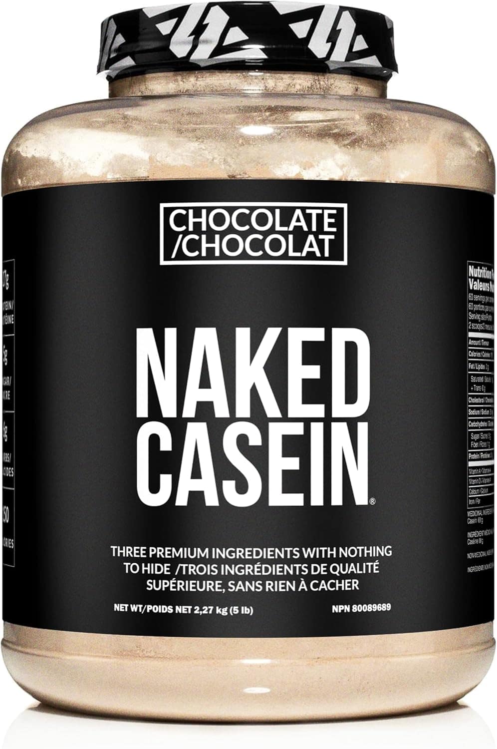 Container of Naked Casein protein powder with a black label on a white background