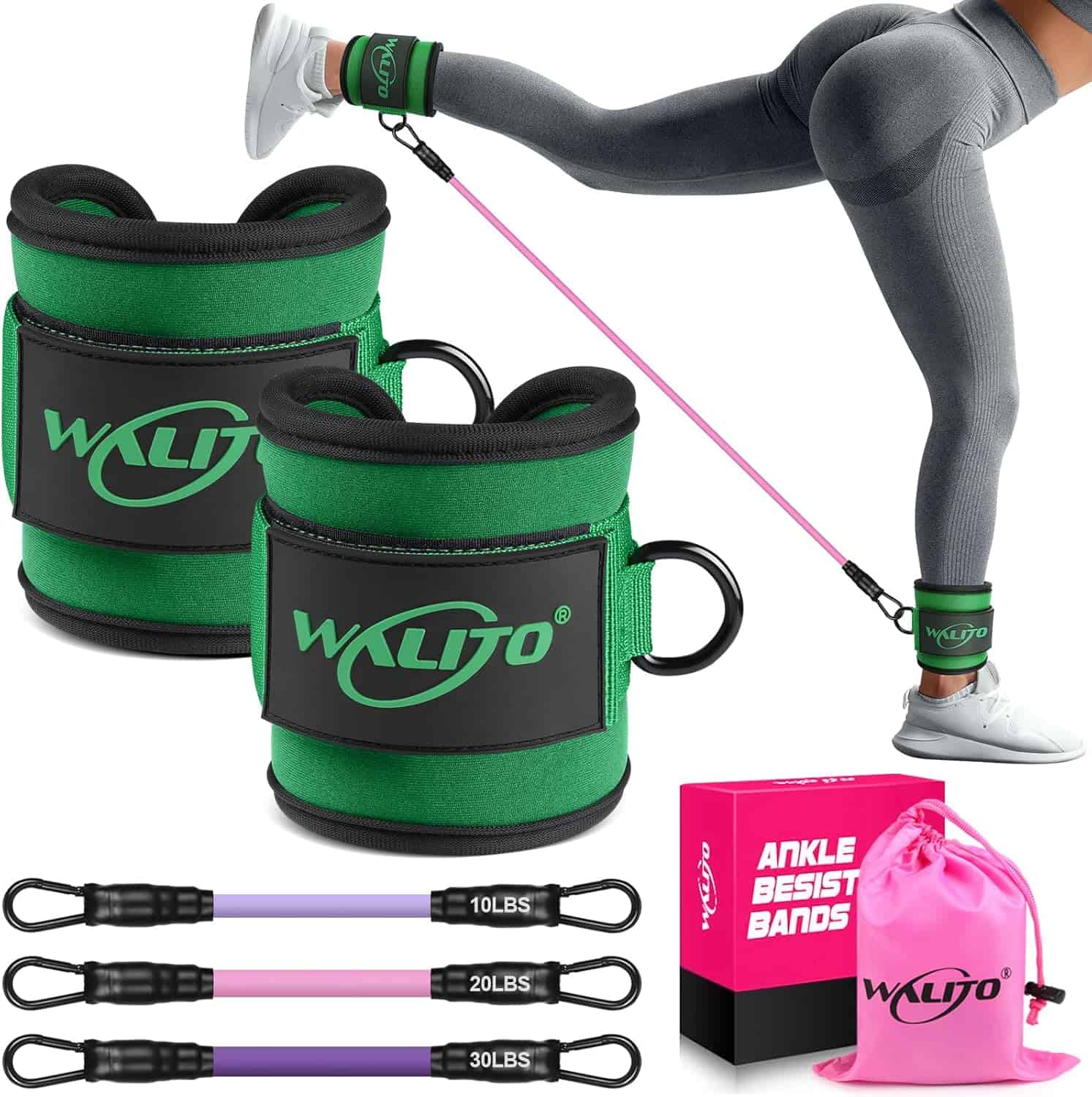 WALITO Ankle Resistance Bands with Cuffs – Glute & Leg Workout Set for Women (10–60 lbs) WALITO