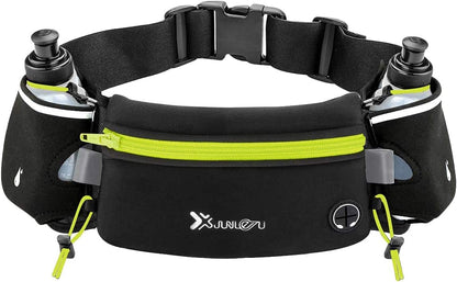 Number-One Running Belt with 2 Water Bottles – Waterproof Hydration Waist Pack with Adjustable Fit for Running, Hiking, Cycling, Marathon (iPhone-Compatible) Number-one