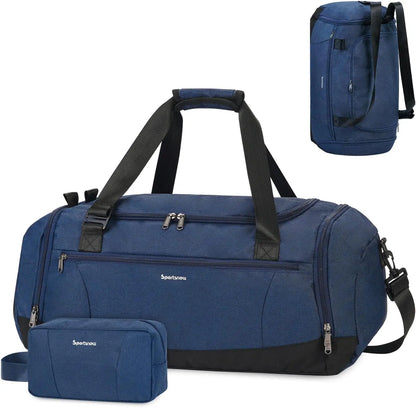 Blue duffel bag with black straps and a smaller blue pouch on a white background