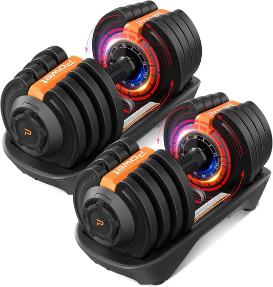POWET Adjustable Dumbbell – 3 to 40 lb, 12 Weight Settings, 1-Second Quick Dial with Tray
