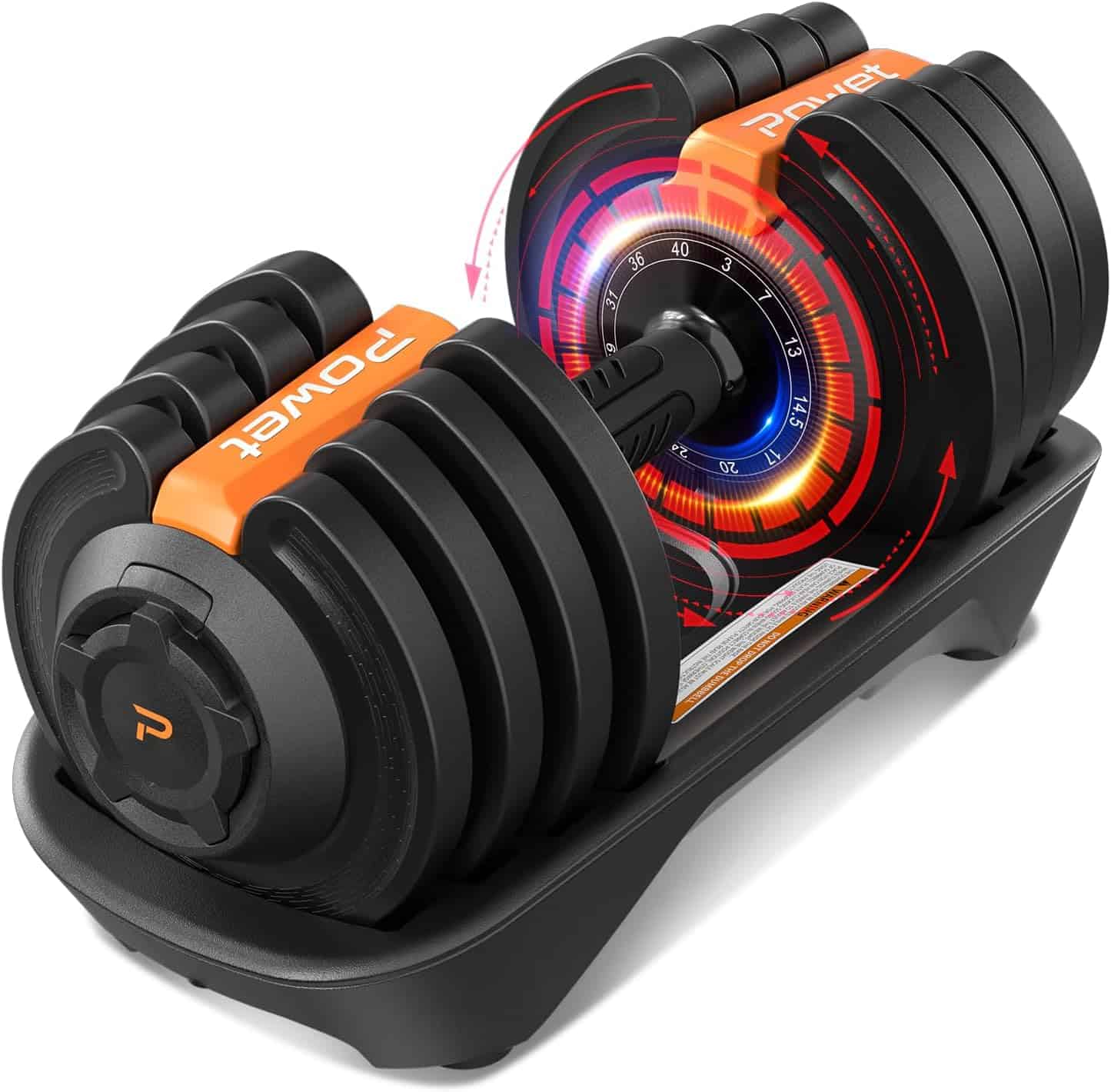 POWET Adjustable Dumbbell – 3 to 40 lb, 12 Weight Settings, 1-Second Quick Dial with Tray