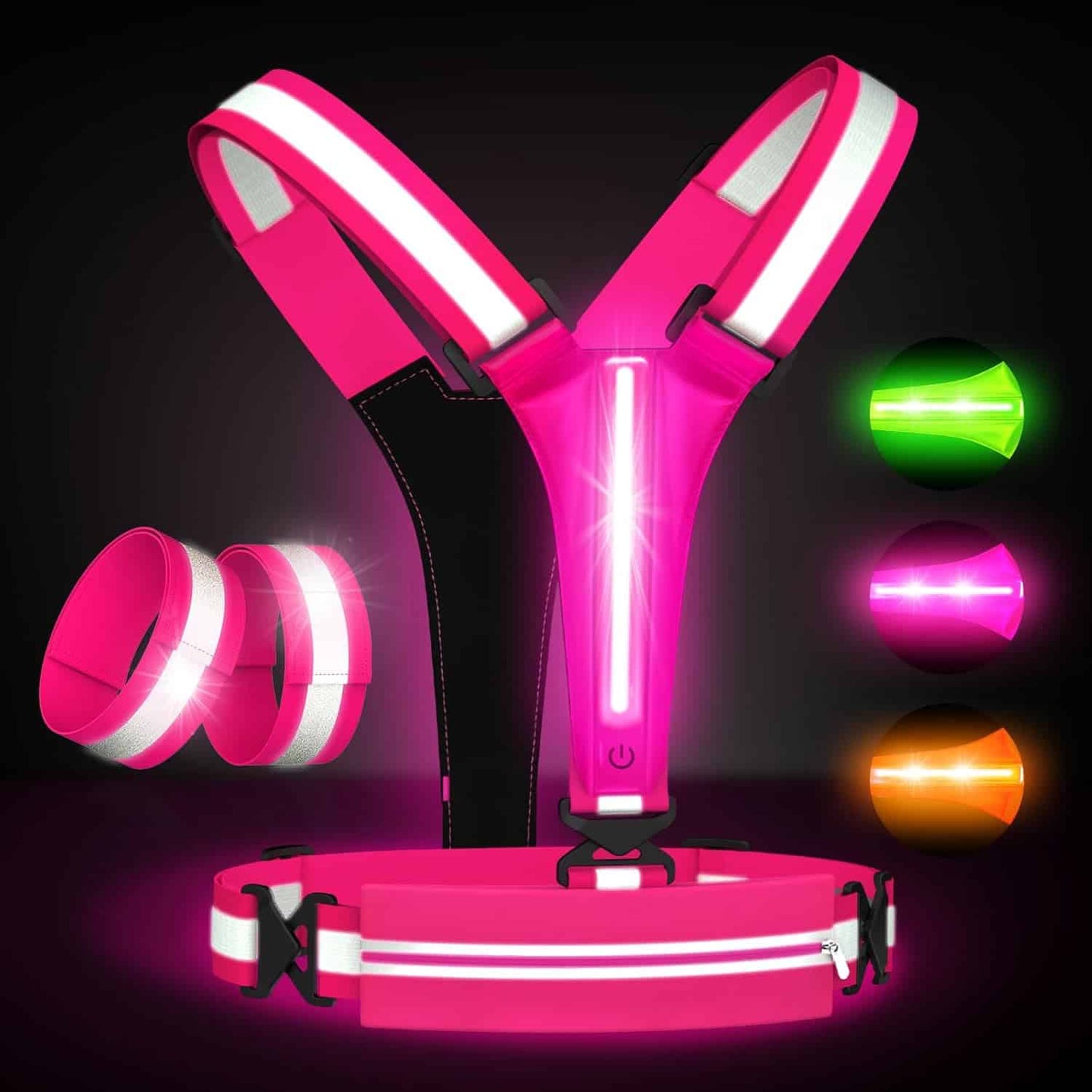 LED Reflective Running Vest Set – USB Rechargeable Light-Up Vest with Phone Holder, High Visibility Armbands, Adjustable Fit for Night Running, Walking, Cycling (Unisex) Fokia Kunbio