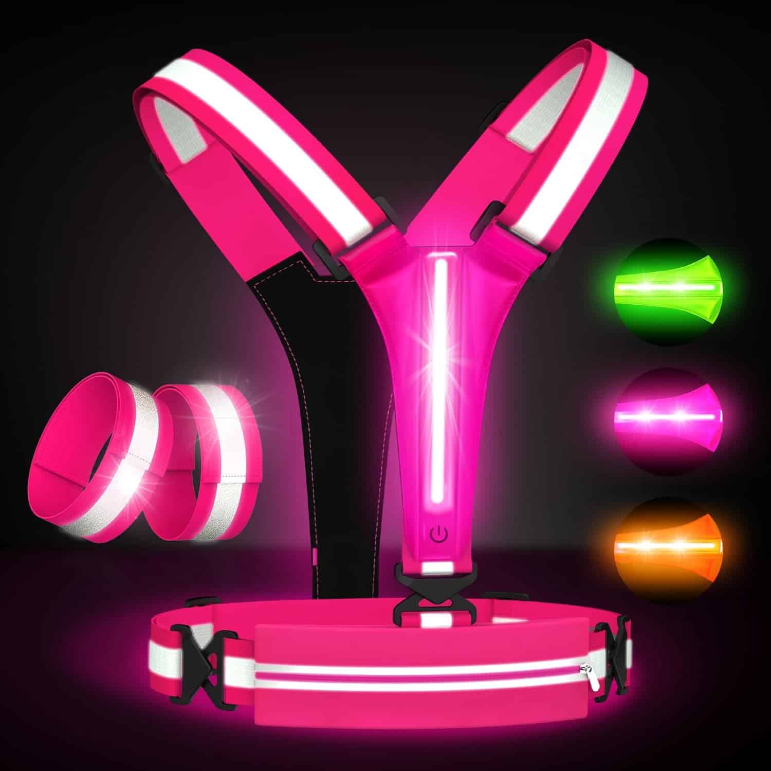 LED Reflective Running Vest Set – USB Rechargeable Light-Up Vest with Phone Holder, High Visibility Armbands, Adjustable Fit for Night Running, Walking, Cycling (Unisex) Fokia Kunbio
