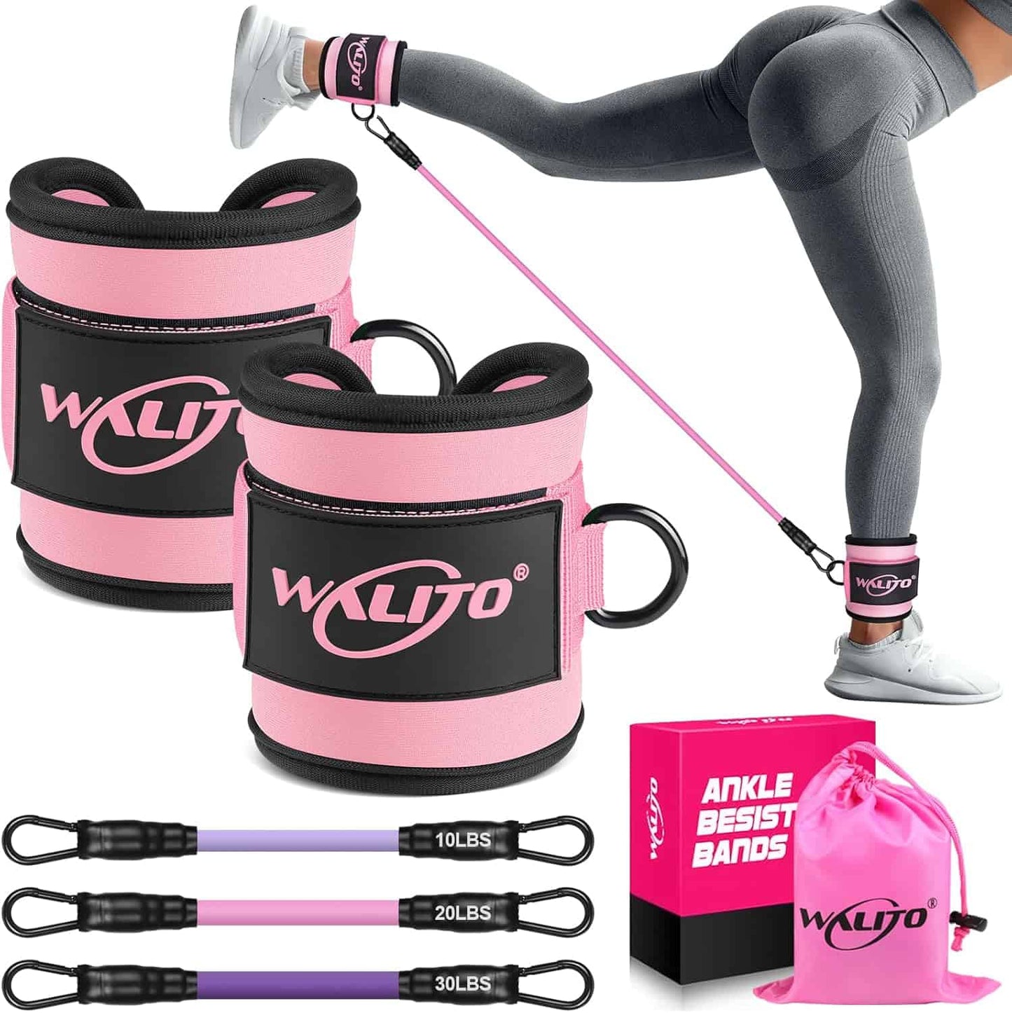 WALITO Ankle Resistance Bands with Cuffs – Glute & Leg Workout Set for Women (10–60 lbs) WALITO
