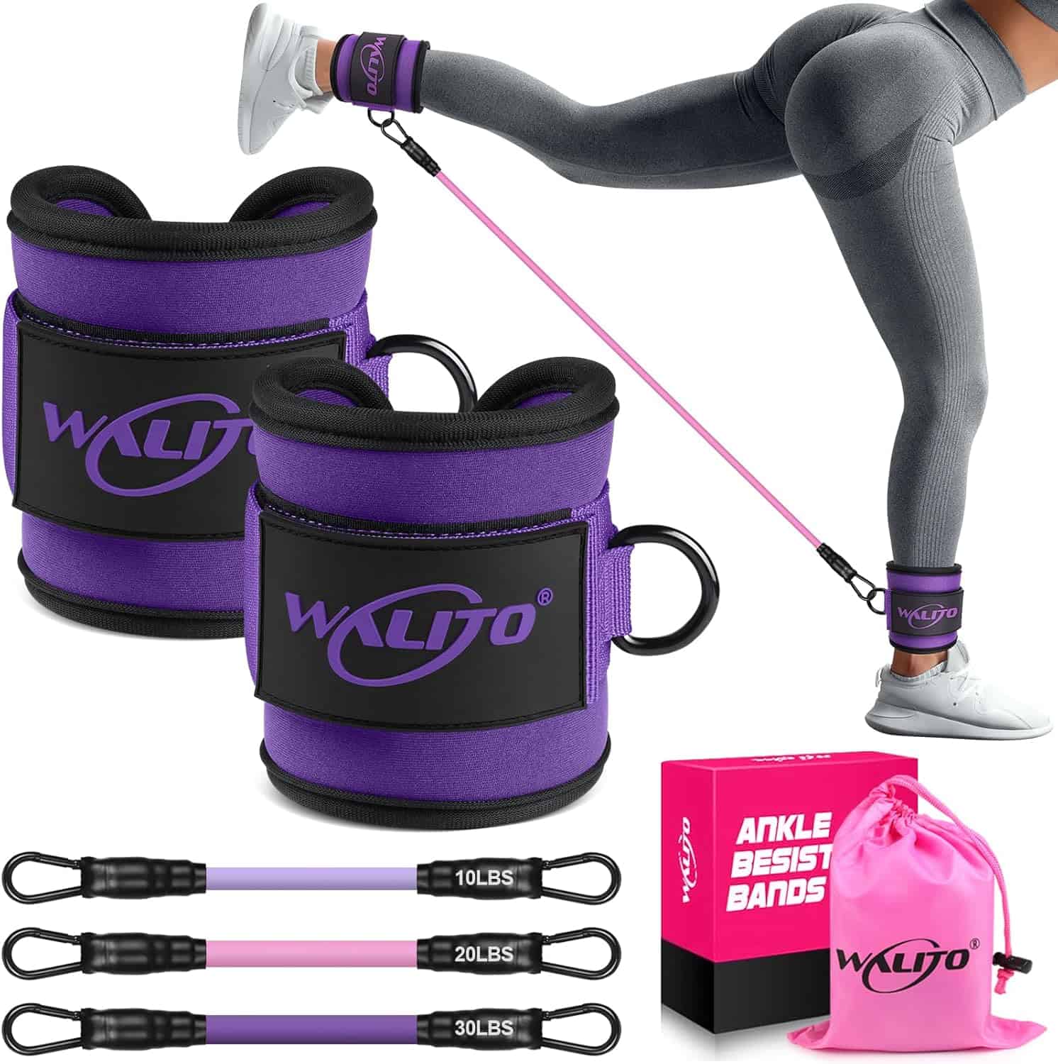 WALITO Ankle Resistance Bands with Cuffs – Glute & Leg Workout Set for Women (10–60 lbs) WALITO