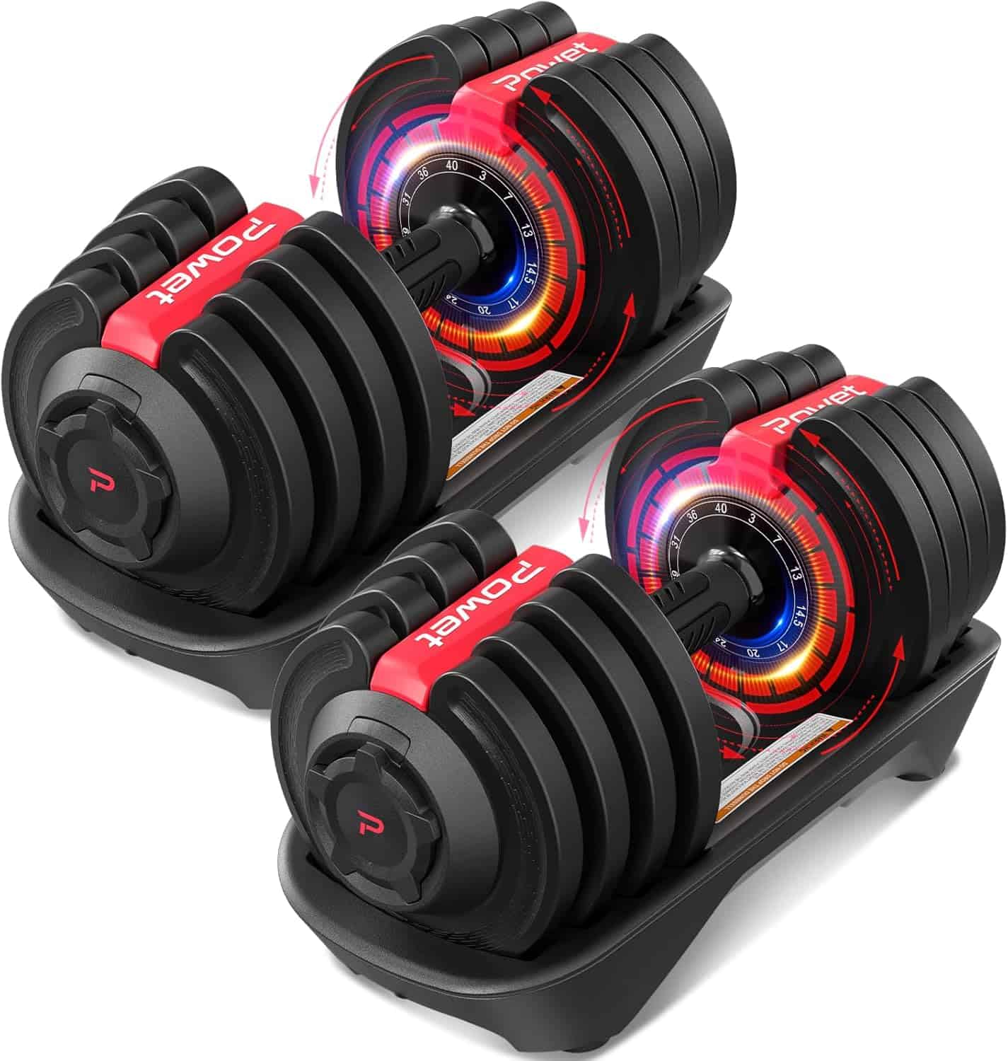 POWET Adjustable Dumbbell – 3 to 40 lb, 12 Weight Settings, 1-Second Quick Dial with Tray