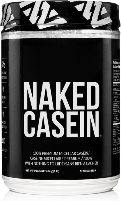 Naked Casein protein powder container with black and white design