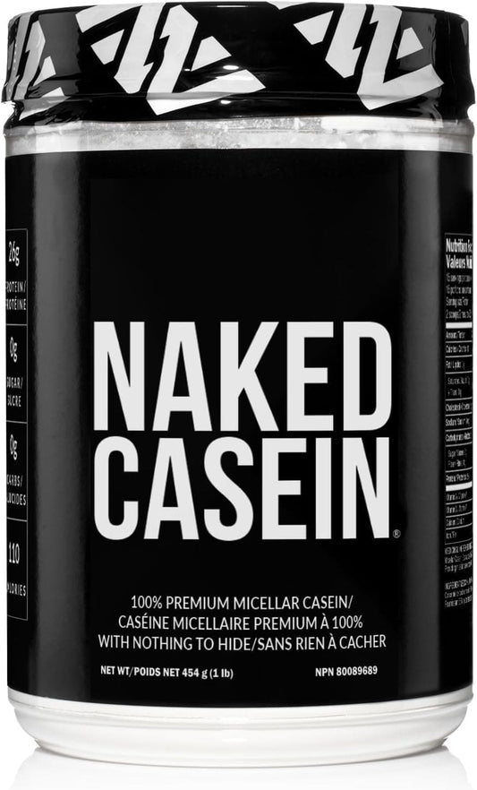 Naked Casein protein powder container with black and white design