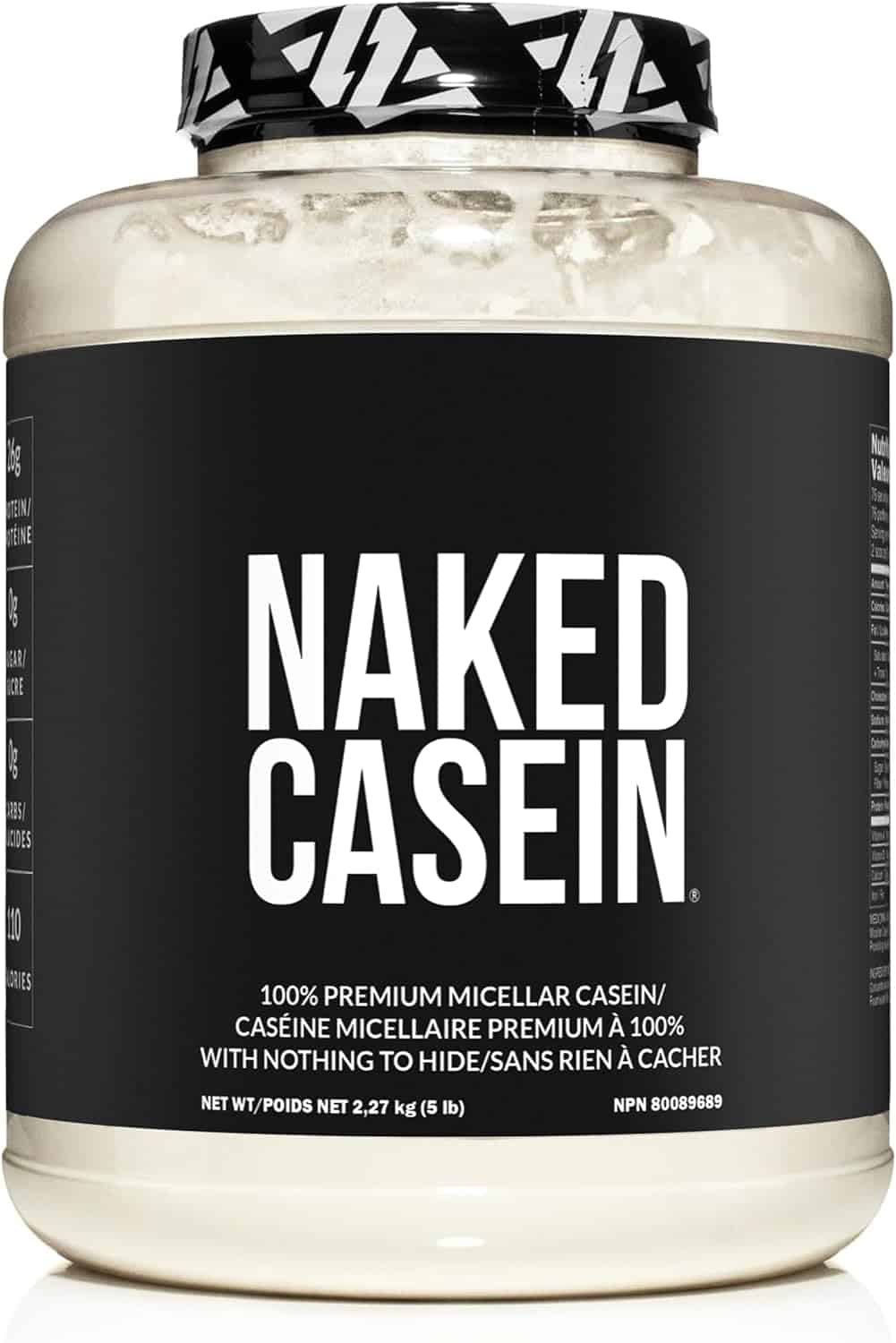 Naked Casein protein powder container with black label on a white background