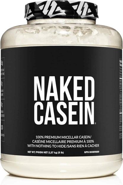 Naked Casein protein powder container with black label on a white background
