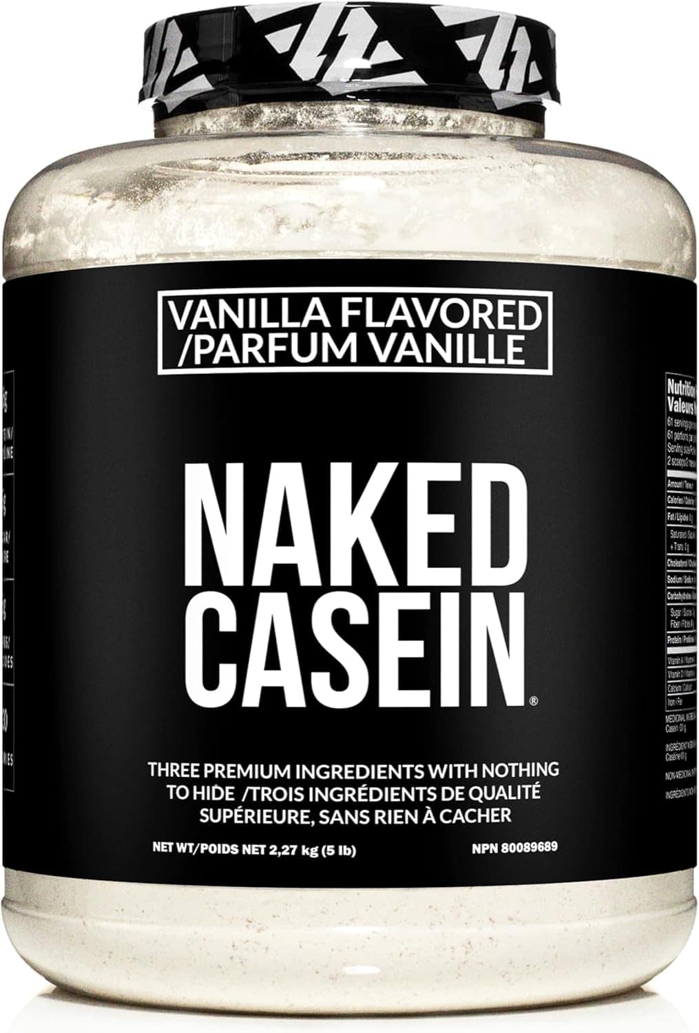 Naked Casein protein powder jar with vanilla flavor on a white background
