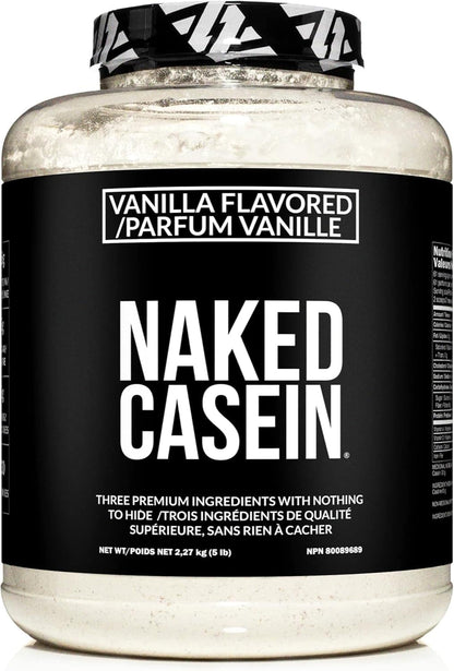 Naked Casein protein powder jar with vanilla flavor on a white background